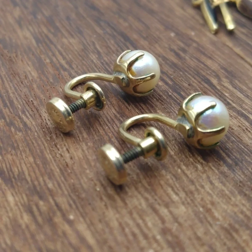 Gold filled antique pearl screwback earrings classic femme E532‎